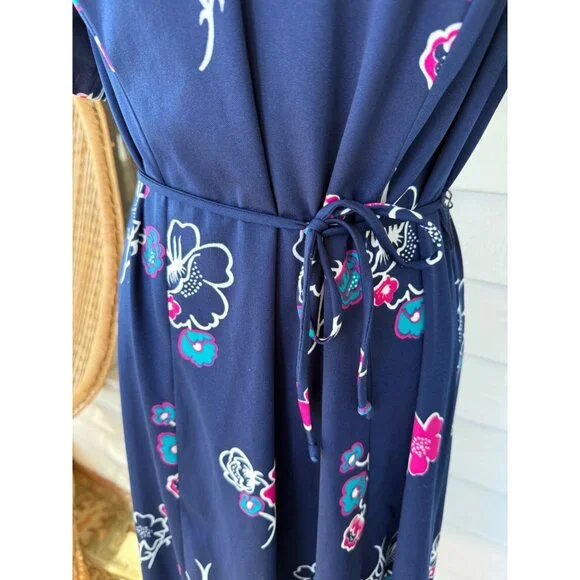 Vintage 70's MOD 2 Piece Dress Jacket Blue Pink Floral Size M Poly Knit - Picture 11 of 16